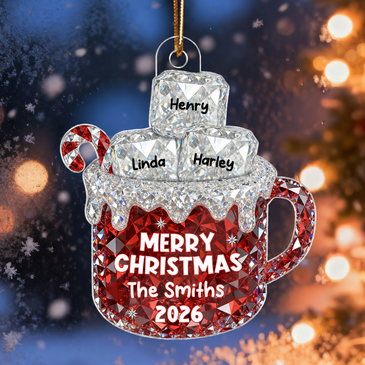 3D Crystal Effect Christmas Hot Cocoa Marshmallows Family Names - Personalized Acrylic Ornament