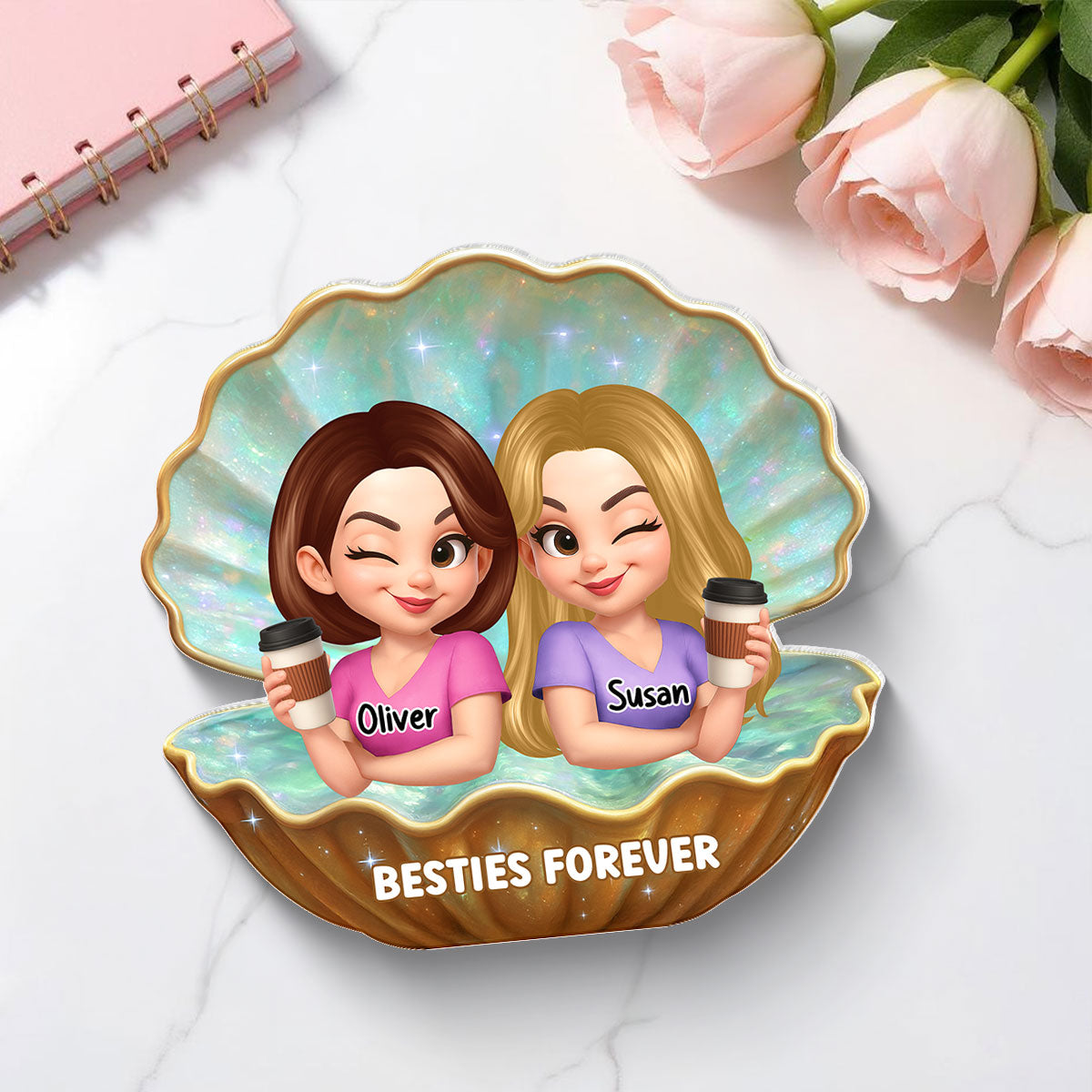 Besties Sisters Inside Seashell Pearl Personalized Acrylic Block