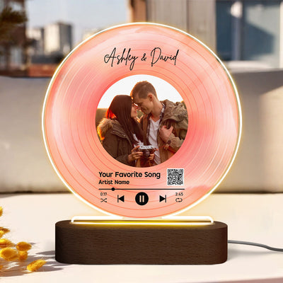 Couple Photo & Favorite Song Scannable QR Code Personalized Acrylic Circle LED Night Light