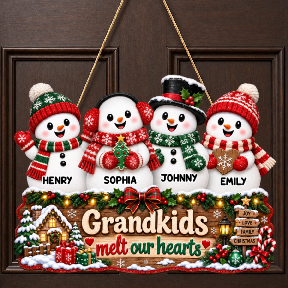 Christmas Snowman Grandkids Melts Our Hearts - Personalized Wood Sign - Christmas Decor, Door Sign For Grandparents