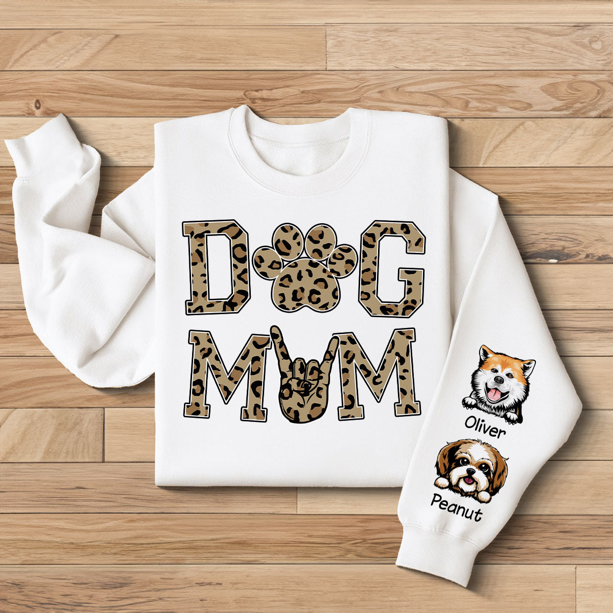 Dog Mom Leopard Peeking Dog, Gift For Dog Mom, Fur Mama, Personalized Sleeve Printed Sweatshirt