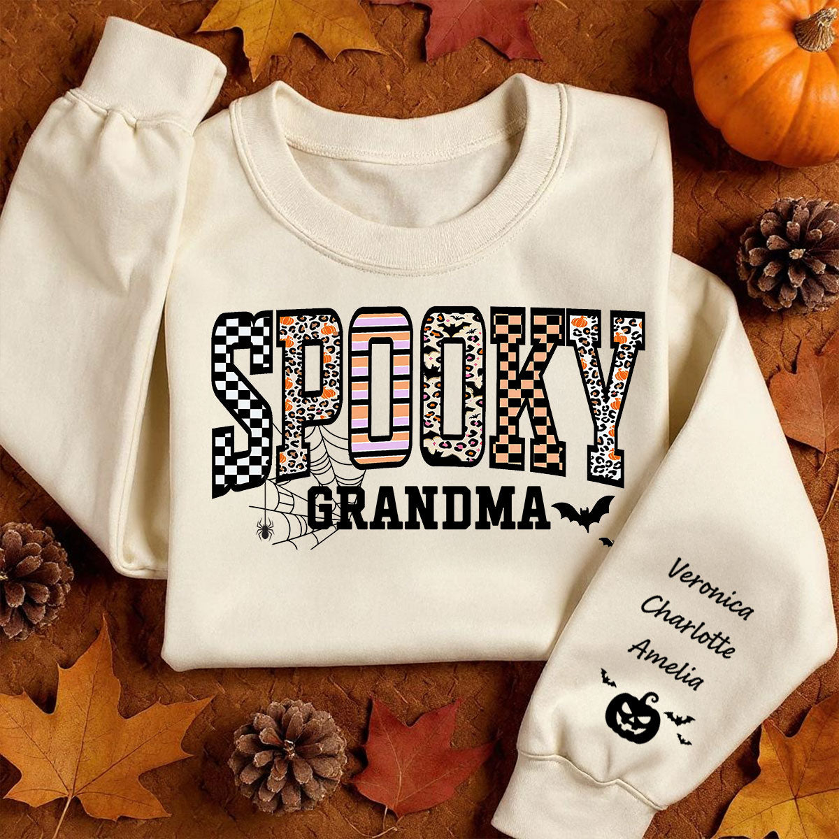Spooky Grandma Halloween Vibe Personalized Sleeve Printed Sweatshirt