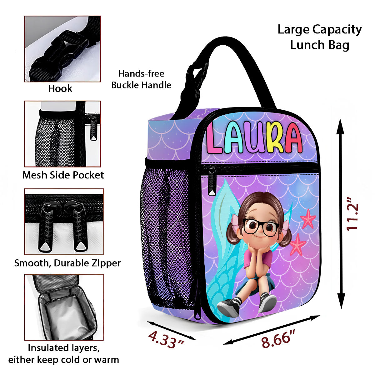 Unicorn Mermaid Theme Personalized Insulated Lunch Box for Girl Toddler, Keep Your Child’s Meals Fresh & Safe All Day