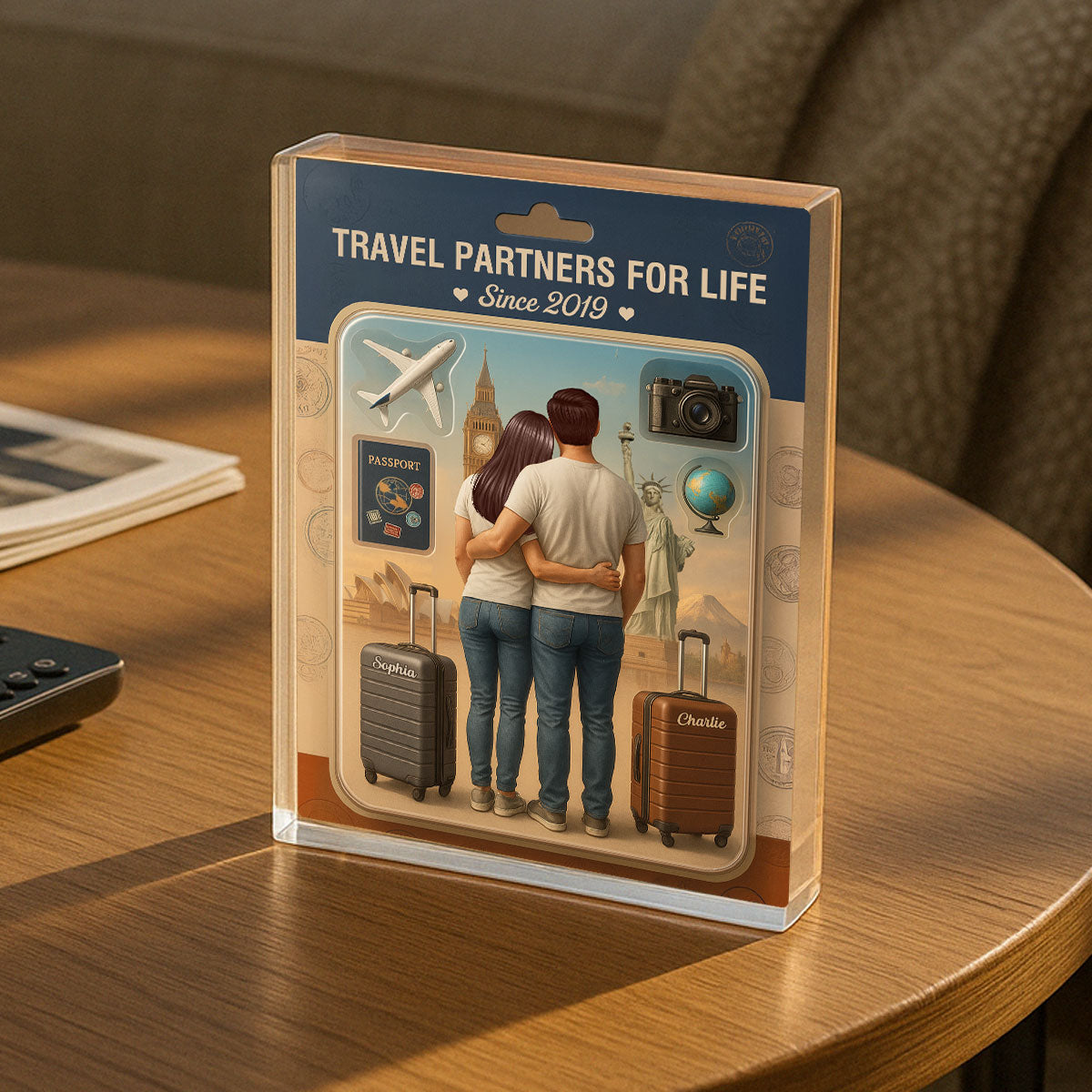 3D Effect Custom Figure Couple Traveling Partners For Life Personalized Rectangle Acrylic Block