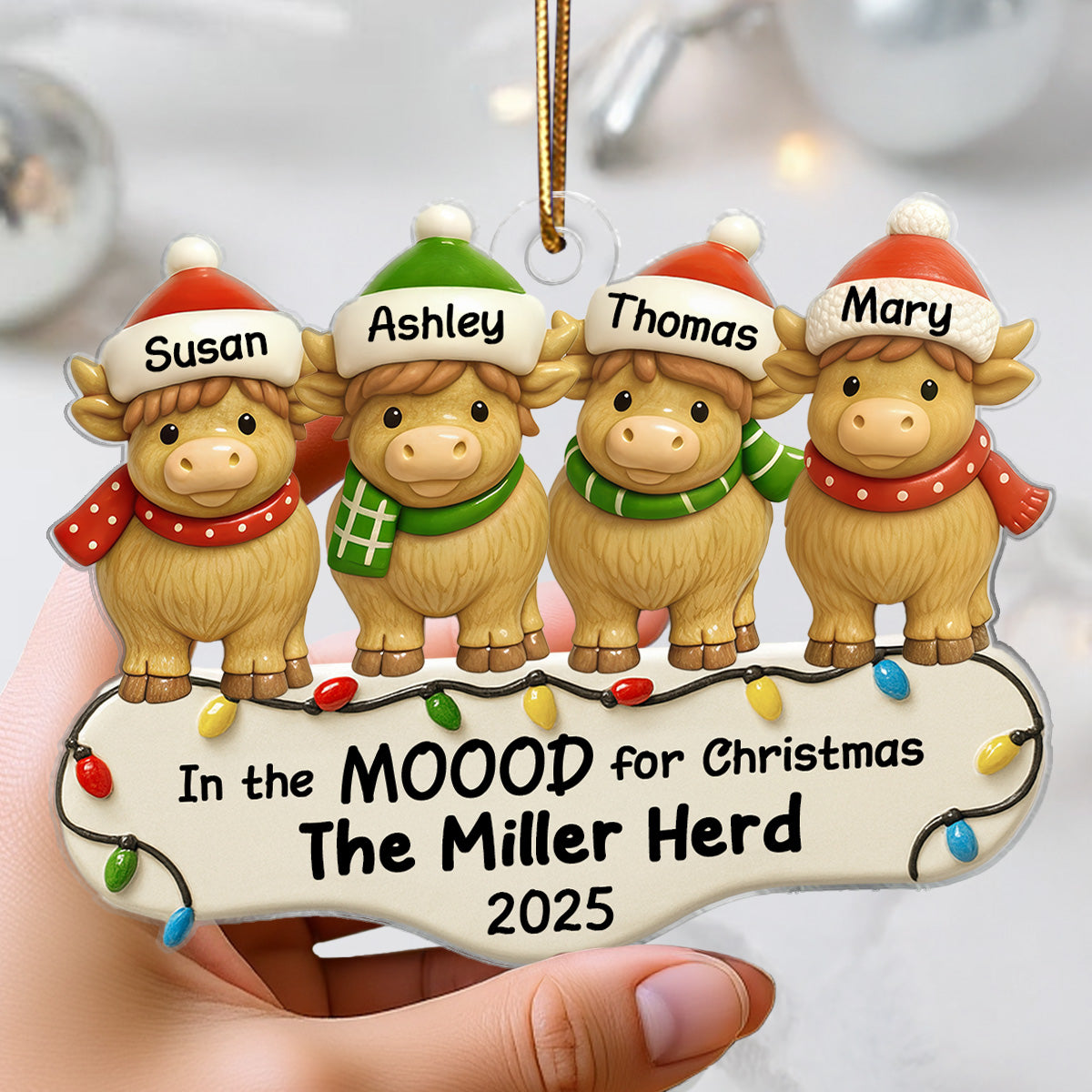 3D Effect Highland Cows Family Herd In The Moood For Christmas Personalized Acrylic Ornament, Christmas Decor