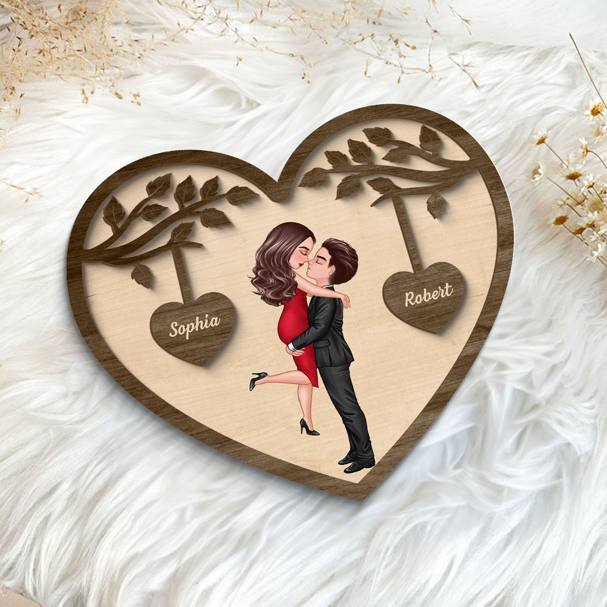 Couple Kissing Under Tree Valentine‘s Day Gift For Him Gift For Her Heart Shaped Personalized 2-Layer Wooden Plaque