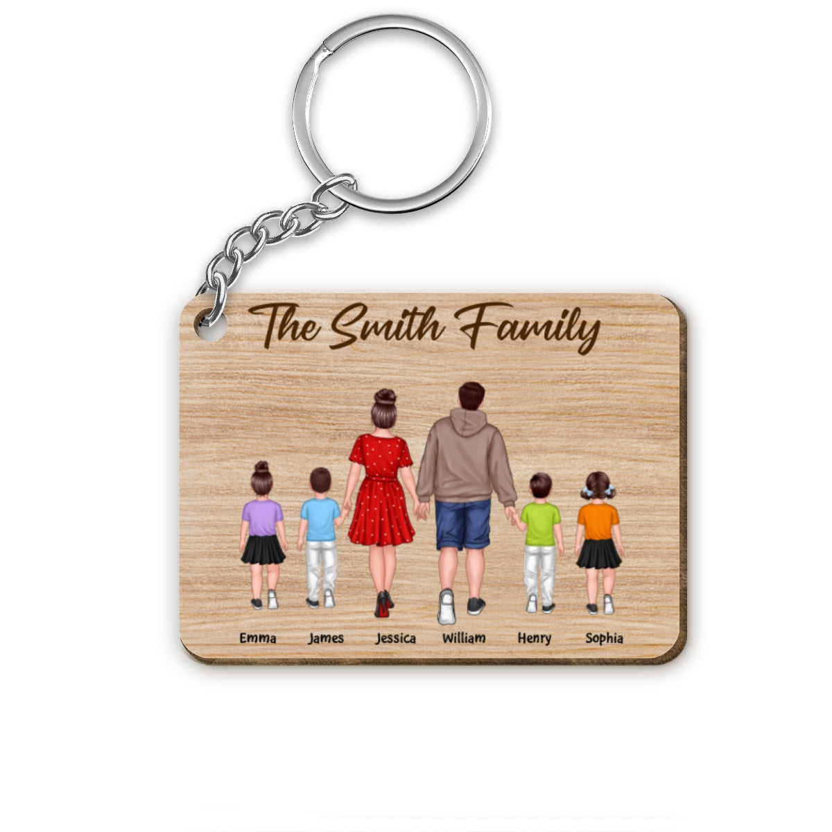 Whole Back View Family Walking Couple Dad Mom Kids Dogs Cats Personalized Wooden Keychain