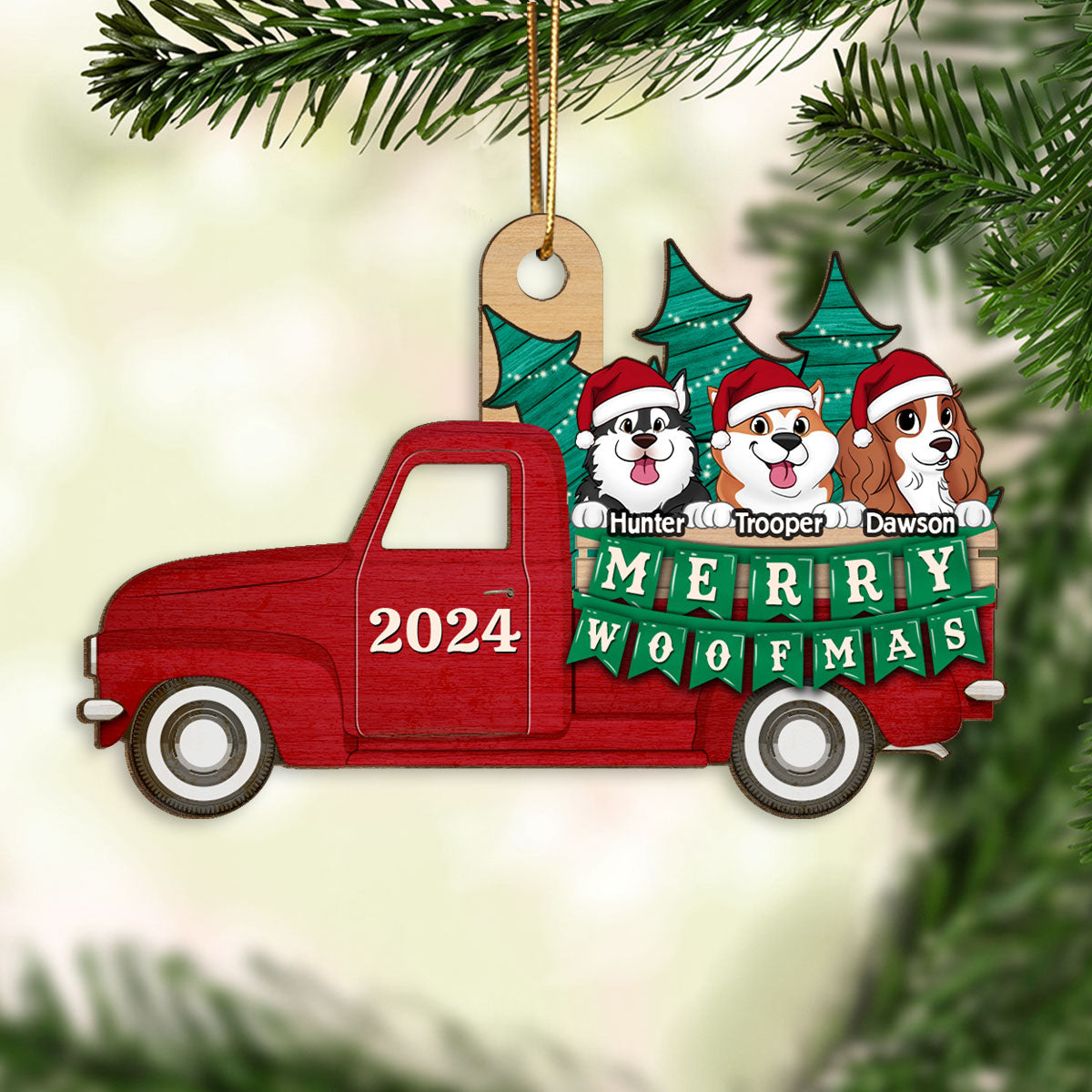 Happy Dog On Truck Personalized Wooden Ornament