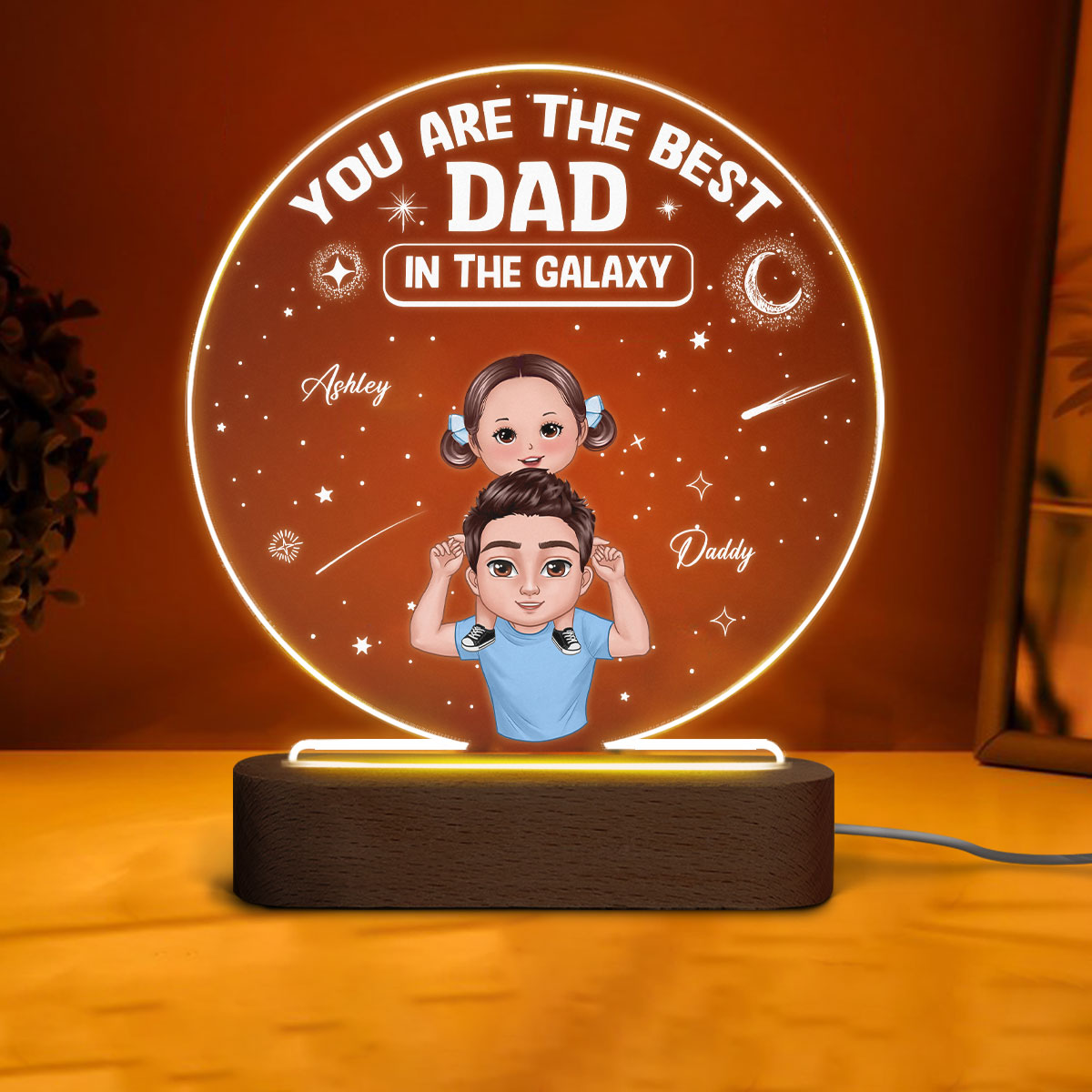 Doll Dad And Kids Piggyback Best Dad In The Galaxy Personalized Personalized Circle Acrylic Plaque LED Night Light