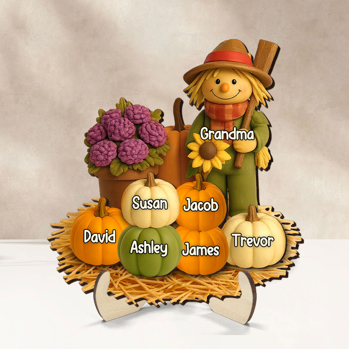 Fall Scarecrow Grandma with Pumpkins Grandkids Names 3D Effect - Personalized 2-Layered Wooden Plaque