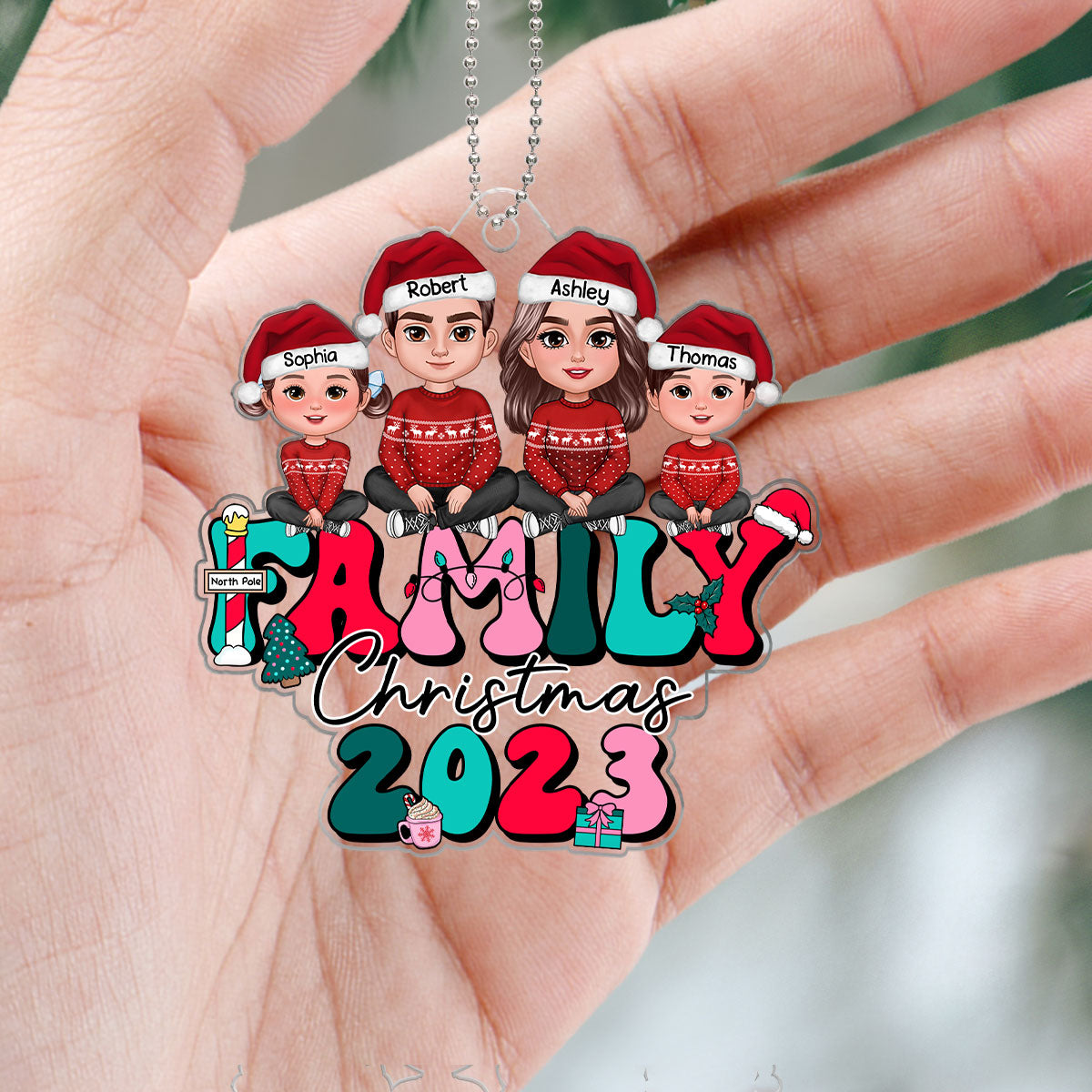 Retro Christmas Family Sitting Crossed Legs Personalized Acrylic Ornament