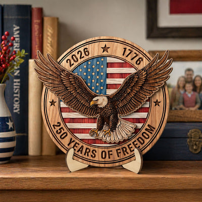United States 250th Anniversary Eagle & American Flag - Personalized 2-Layered Wooden Plaque - America 250 Emblem American Patriot Home Decor