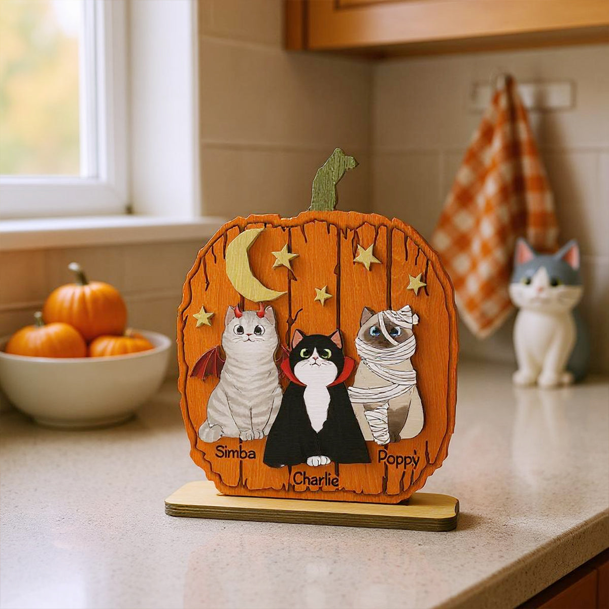 Halloween Cat Pumpkin Shaped - Personalized 2-Layered Wooden Plaque - Gift For Cat Lovers