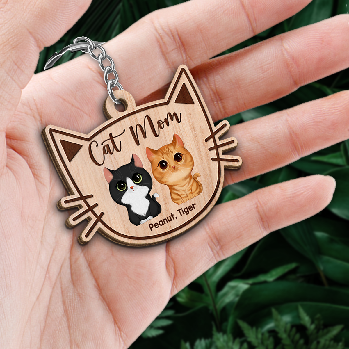 Cat Mom Watercolor Cute Cats Cat Face Shape Personalized Wooden Keychain