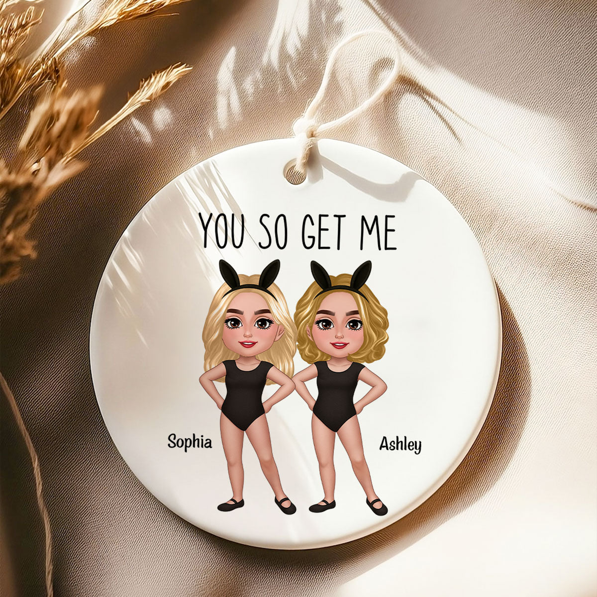 Besties Sisters With Bunny Ears Personalized Circle Ceramic Ornament, Funny Gift for Besties, Friends