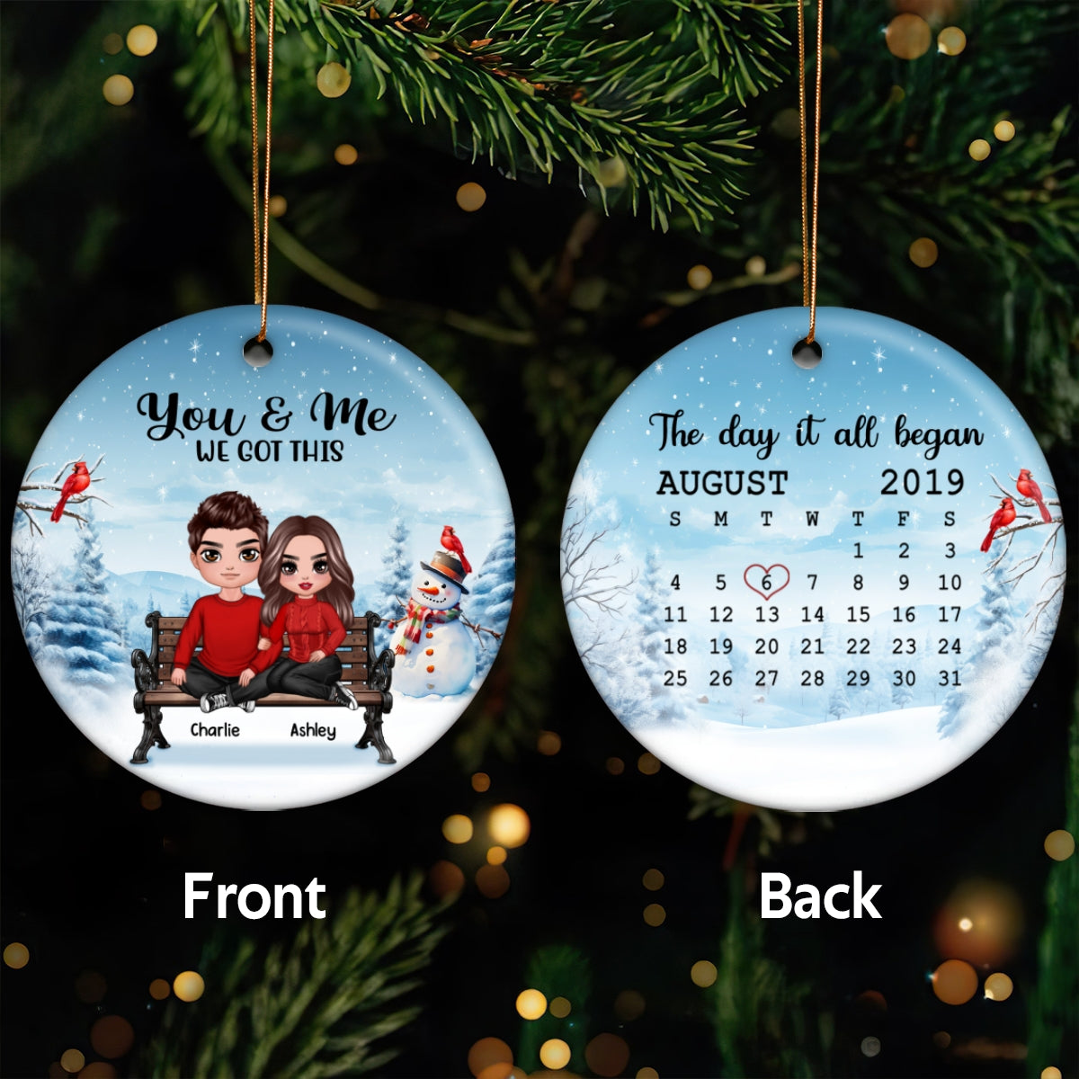 You & Me We Got This Pajamas Couple Sitting Anniversary Date Calendar Personalized Double Sided Circle Ornament