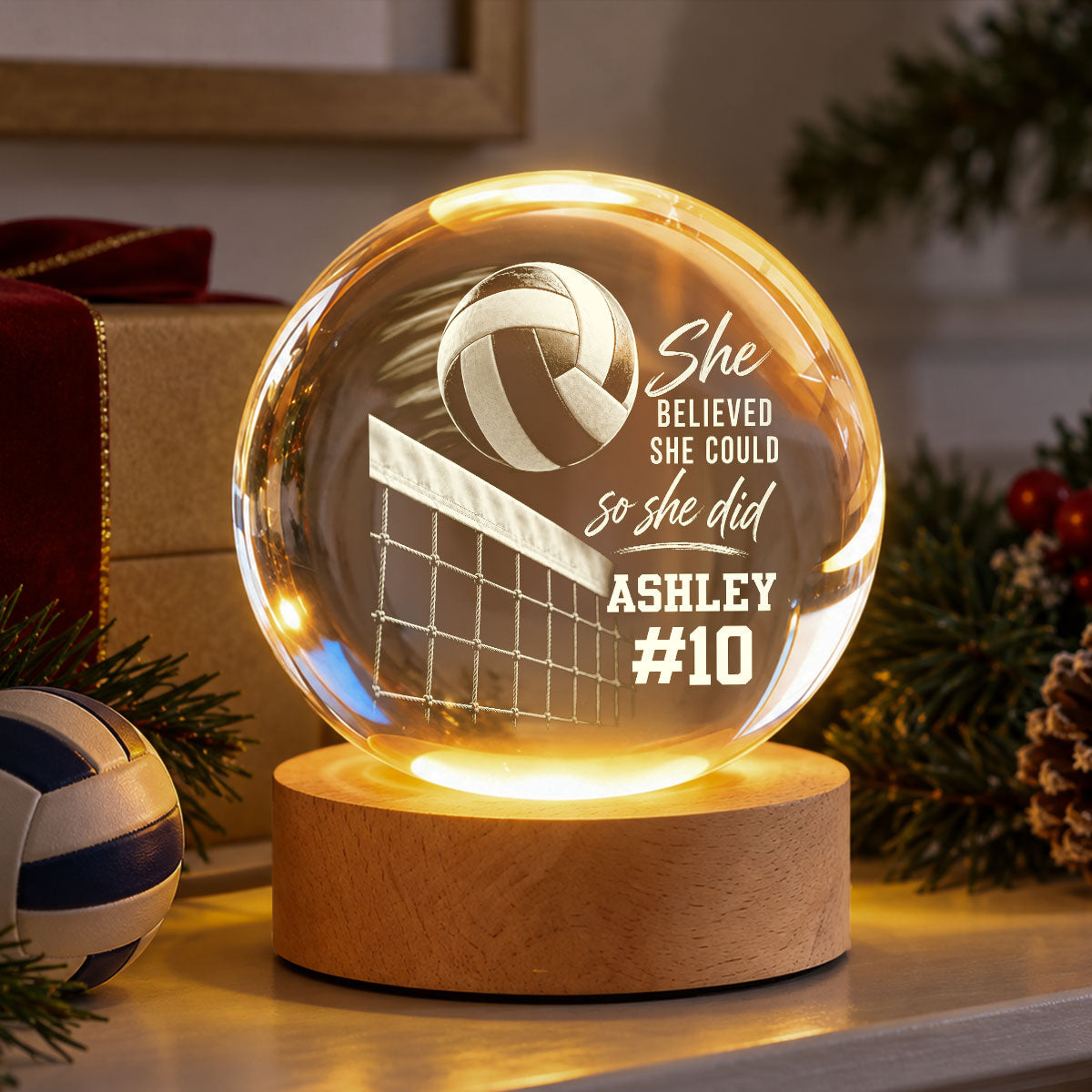 Proud Volleyball Player Custom Name And Number - Personalized Crystal Ball - Christmas Gift For Teenagers, Volleyball Players, Daughter, Granddaughter, Son, Grandson