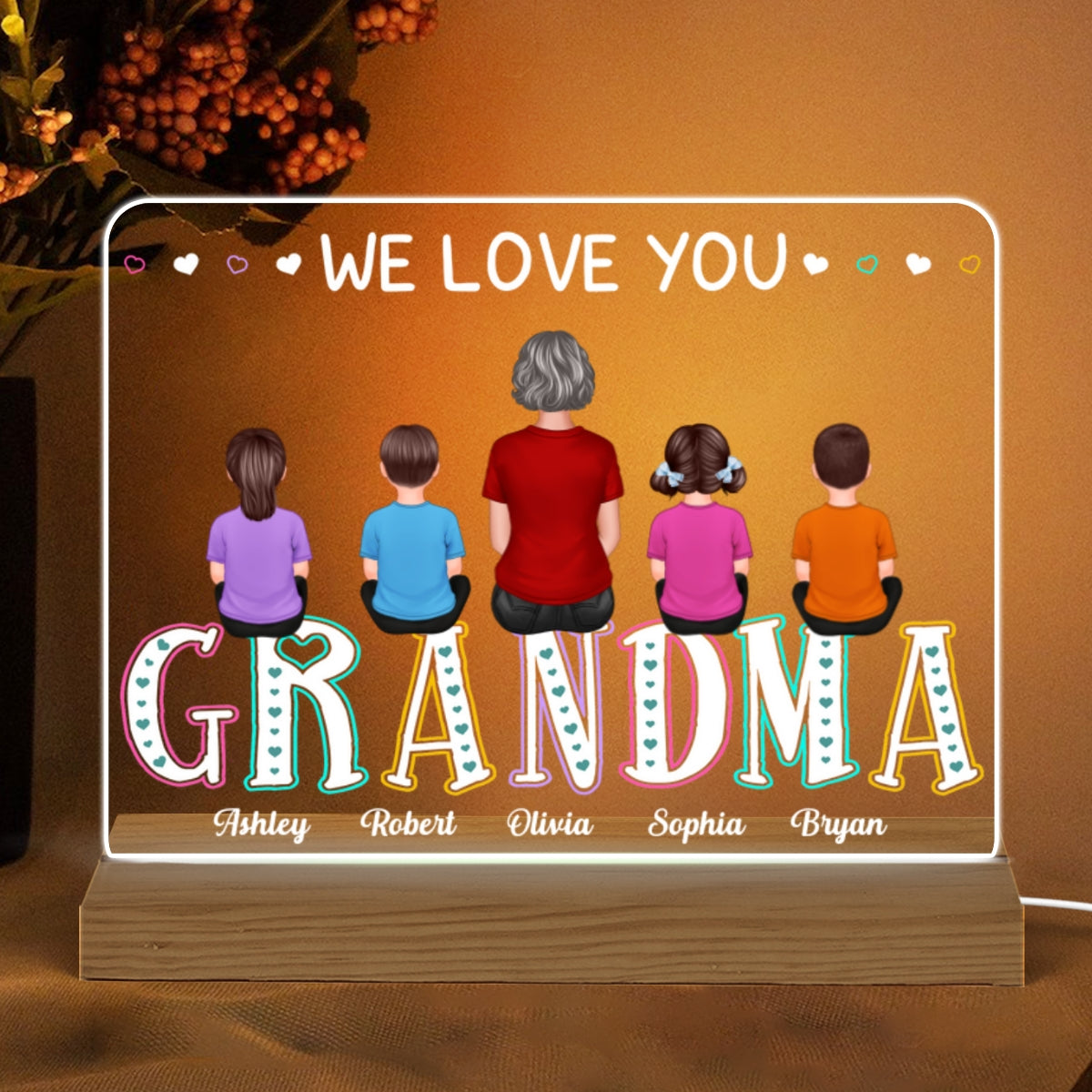 Grandma We Love You Colorful Back View Woman Sitting With Kids Personalized Horizontal Rectangle Custom Shaped Acrylic Plaque With Warm LED Night Light