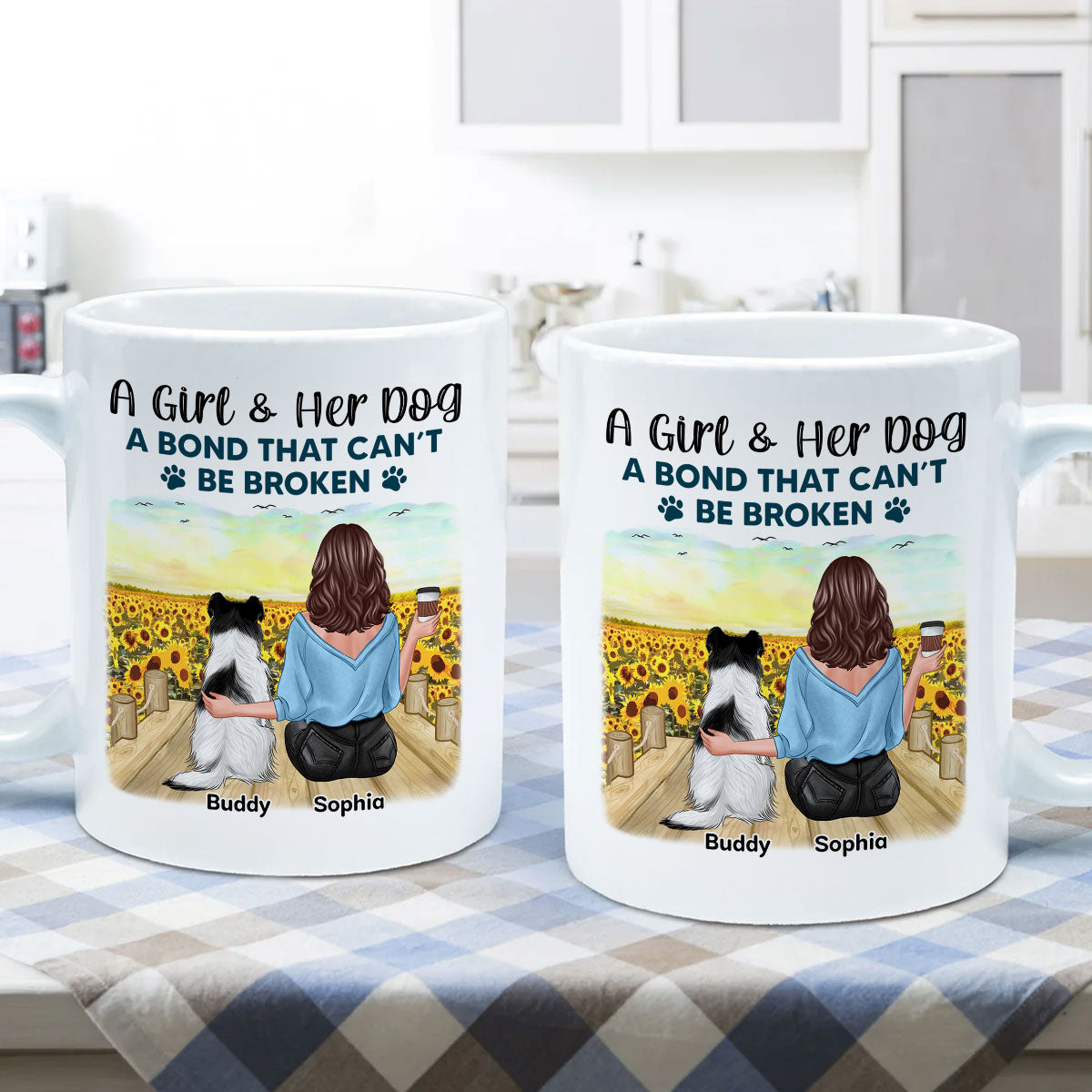 Girl & Dogs Bond Can‘t Be Broken Sunflower Field Personalized Mug