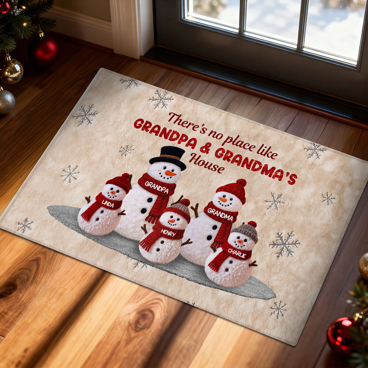 3D Effect Fleece Texture Christmas Grandma Grandkids Snowman Together - Personalized Doormat