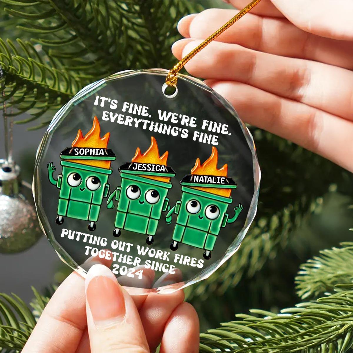 Putting Out Work Fires Together Work Bestie Dumpster Fire Funny Gift For Colleagues Personalized Glass Ornament