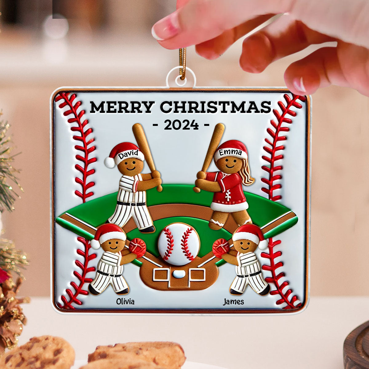 3D Effect Baseball Gingerbread Family Playing On Field Sport Lover Personalized Acrylic Ornament