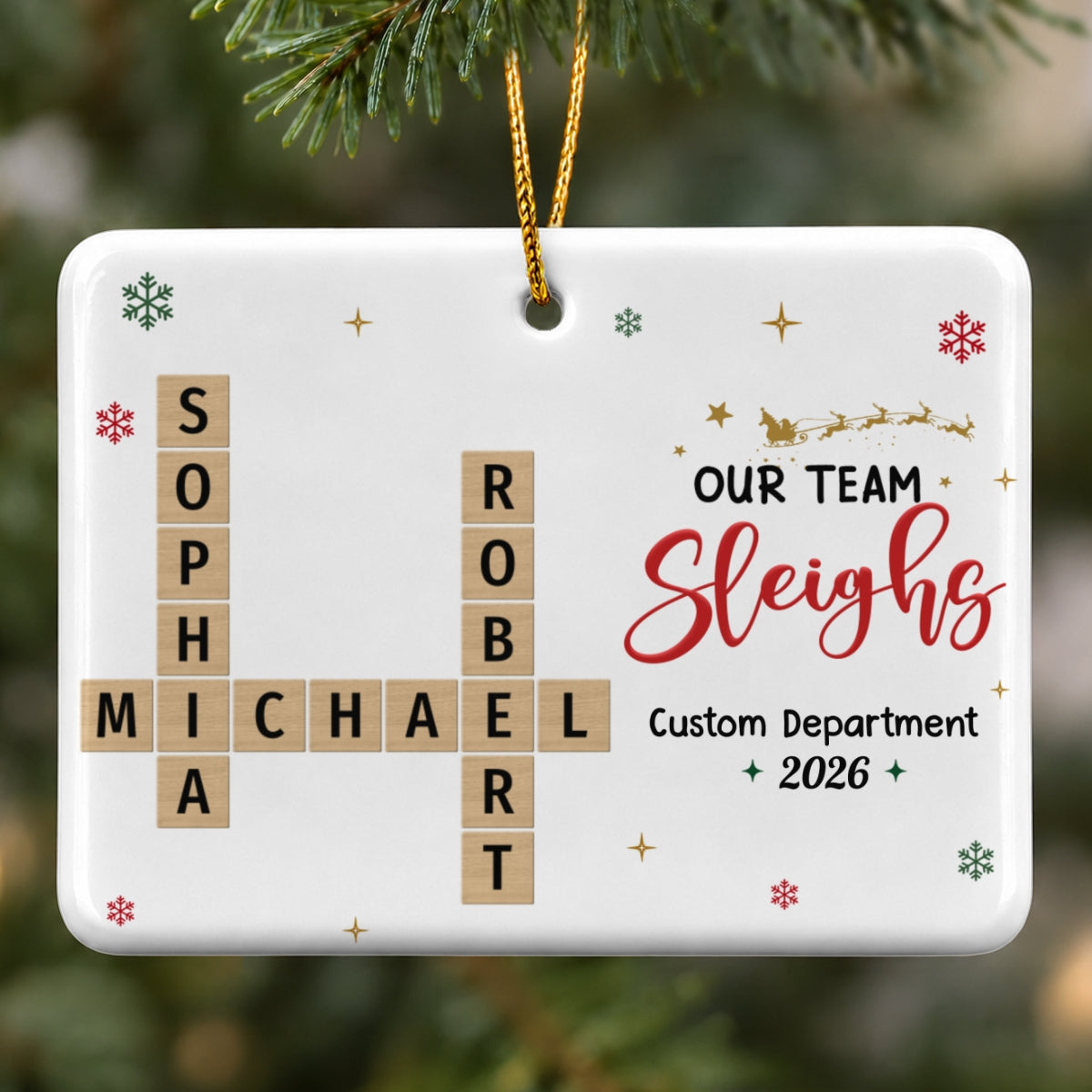 Our Team Sleighs Crossword Puzzle Art - Personalized Ceramic Ornament - Coworkers, Colleagues Gift Exchange