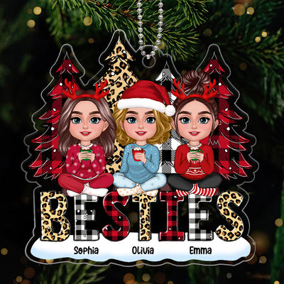 Leopard Checkered Pattern Christmas Tree Besties Sisters Personalized Circle Ornament