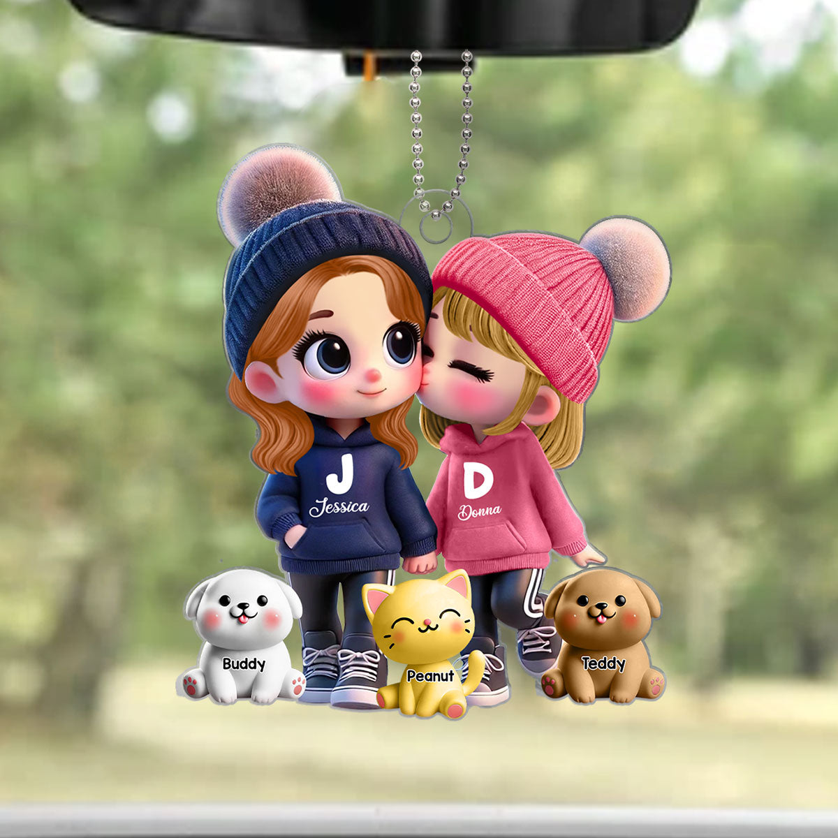 3D Effect Cute Cartoon Couple You Me And The Dog Cat Personalized Acrylic Car Hanger,  Gift for Him, Gift for Her