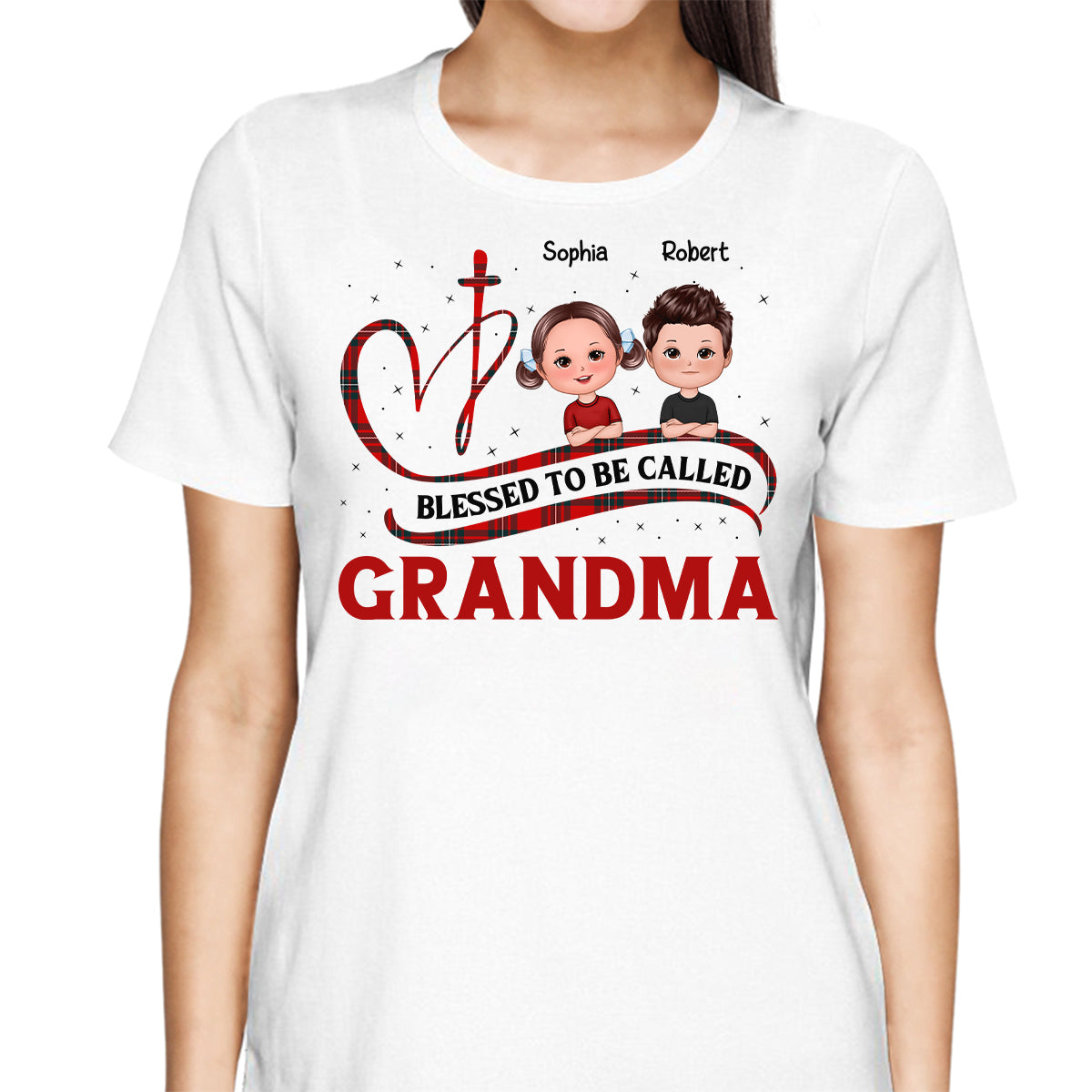 Blessed To Be Called Grandma Red Checkered Cute Doll Kids Personalized Shirt