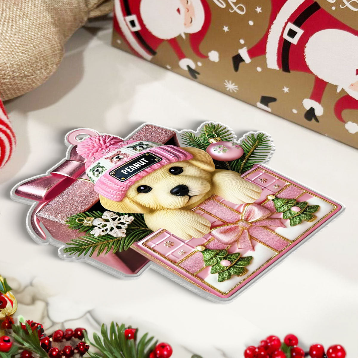 Cute Labrador Dog Inside Gift Box Personalized 2D Flat Acrylic Ornament, Christmas Gift for Dog Lovers