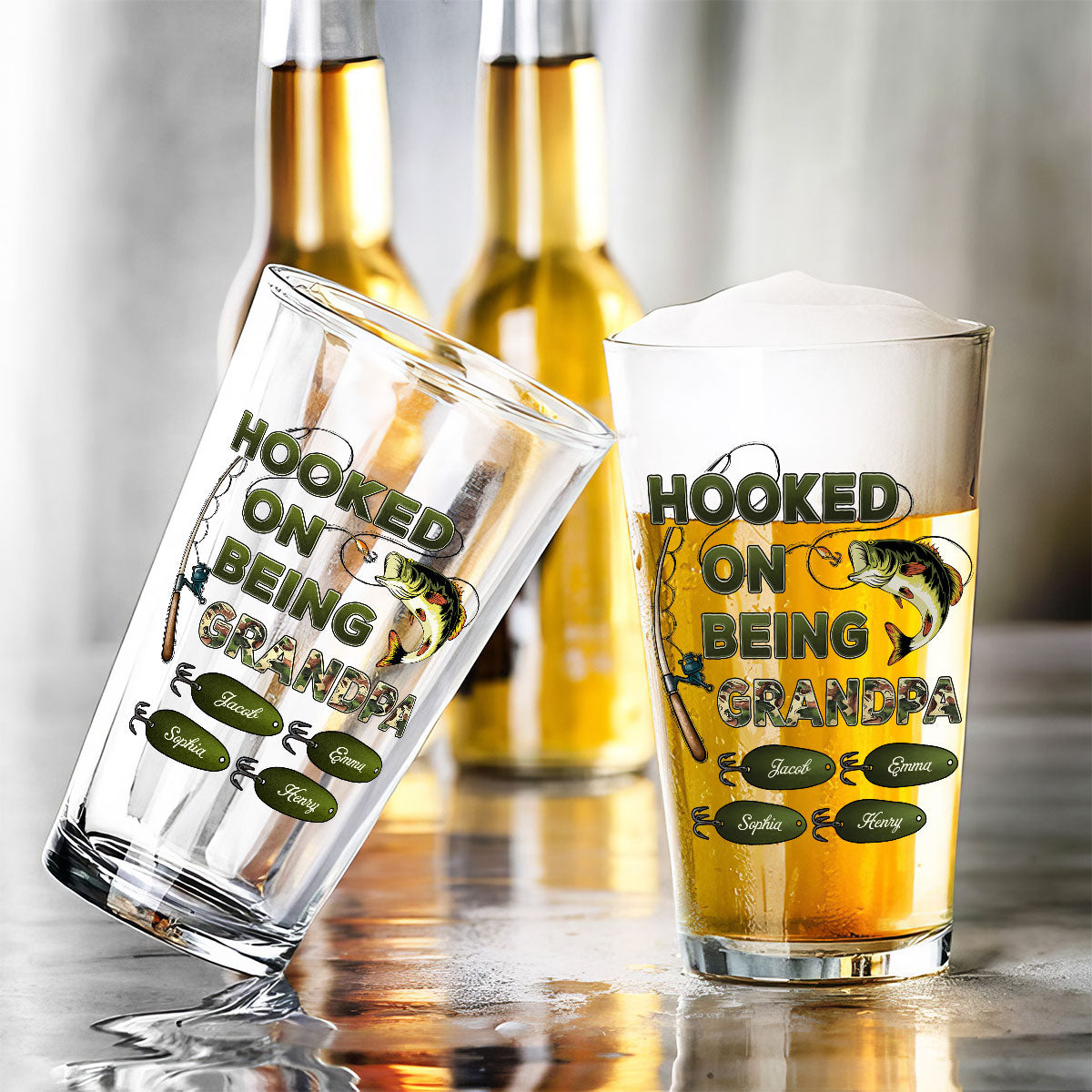 Hook On Being Grandpa Fishing Camouflage Personalized Beer Glass