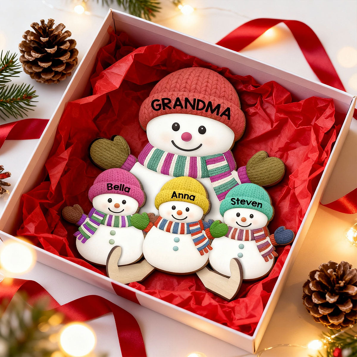 Christmas Grandma Grandkids Snowman Together - Personalized 2-Layered Wooden Plaque - Gift For Grandmas