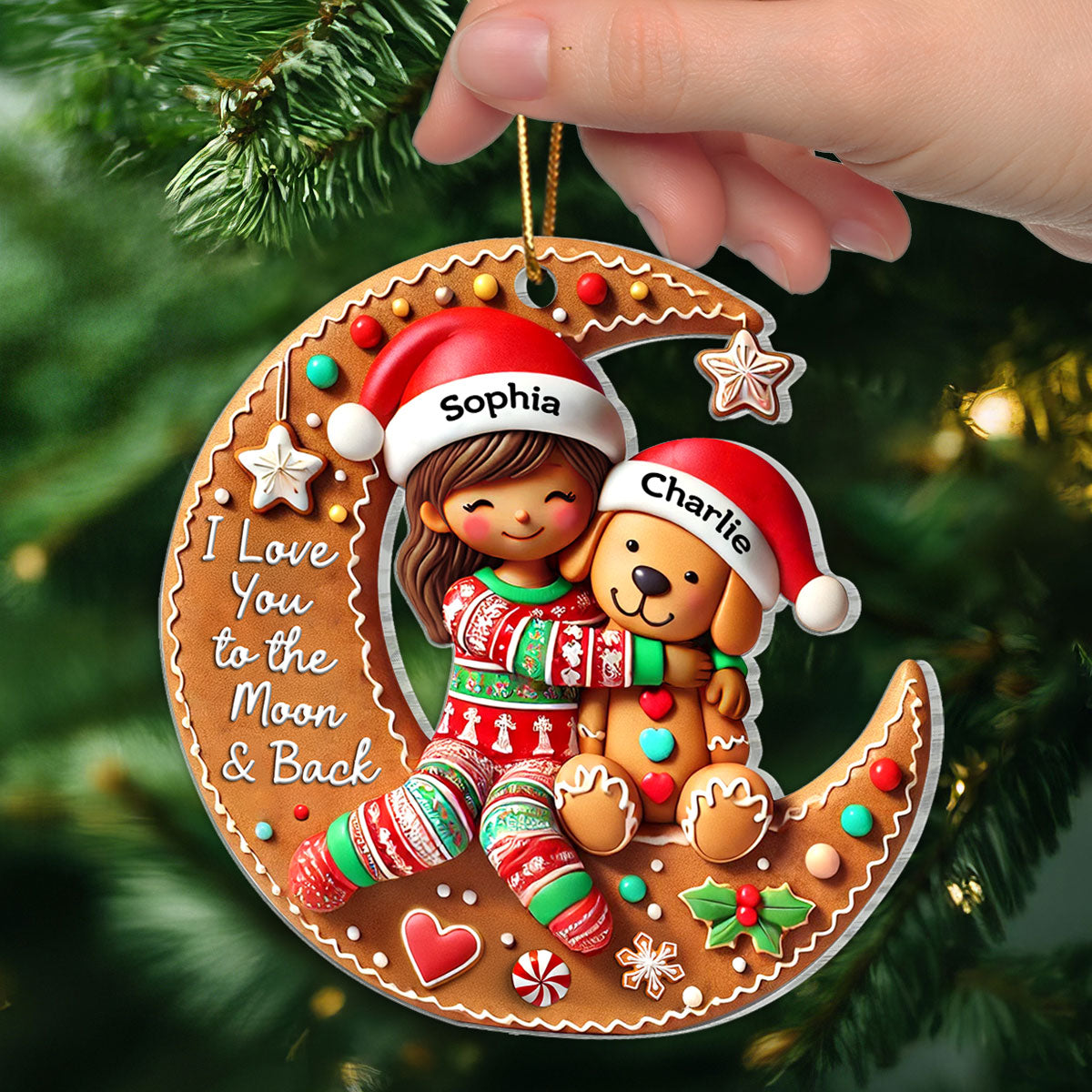 3D Effect Woman Girl And Dog I Love You To The Moon And The Back Personalized Acrylic Ornament, Christmas Gift For Dog Lovers