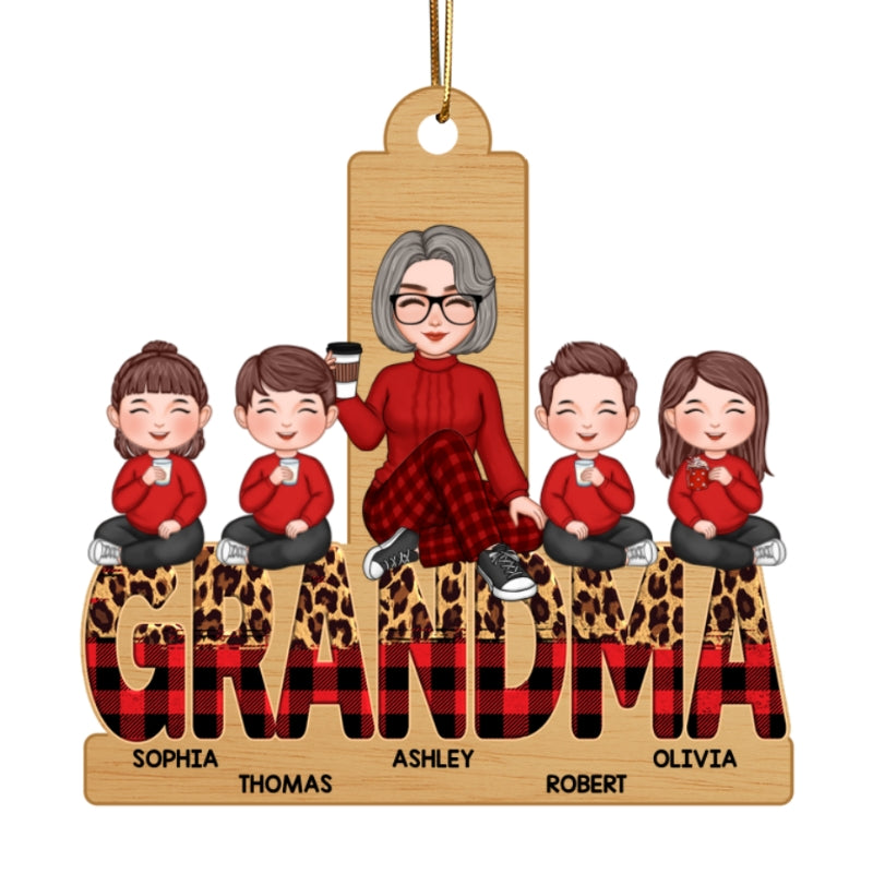 Checkered And Leopard Grandma Grandkids Sitting Personalized Wooden Ornament
