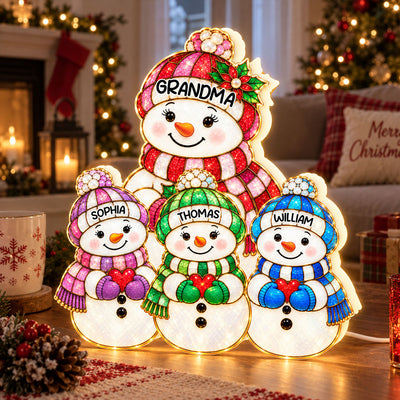 Cute Snowman Grandma Grandpa & Grandkids 2D Flat Printed - Personalized Light Box - Christmas Decor For Family, Grandma, Grandpa