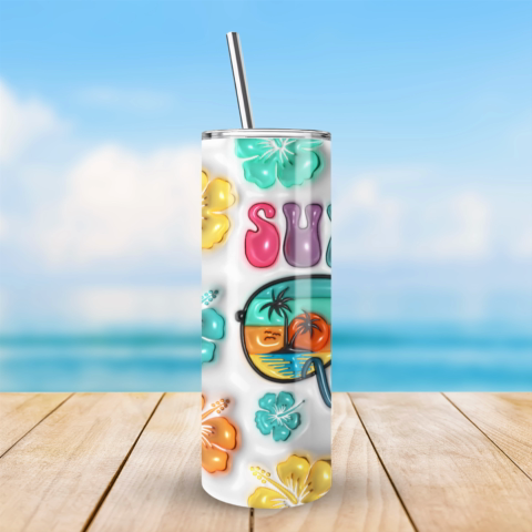3D Summer Vibes Inflated Tumbler Wrap, 3D Tropical Summer Flower, Personalized Tumbler