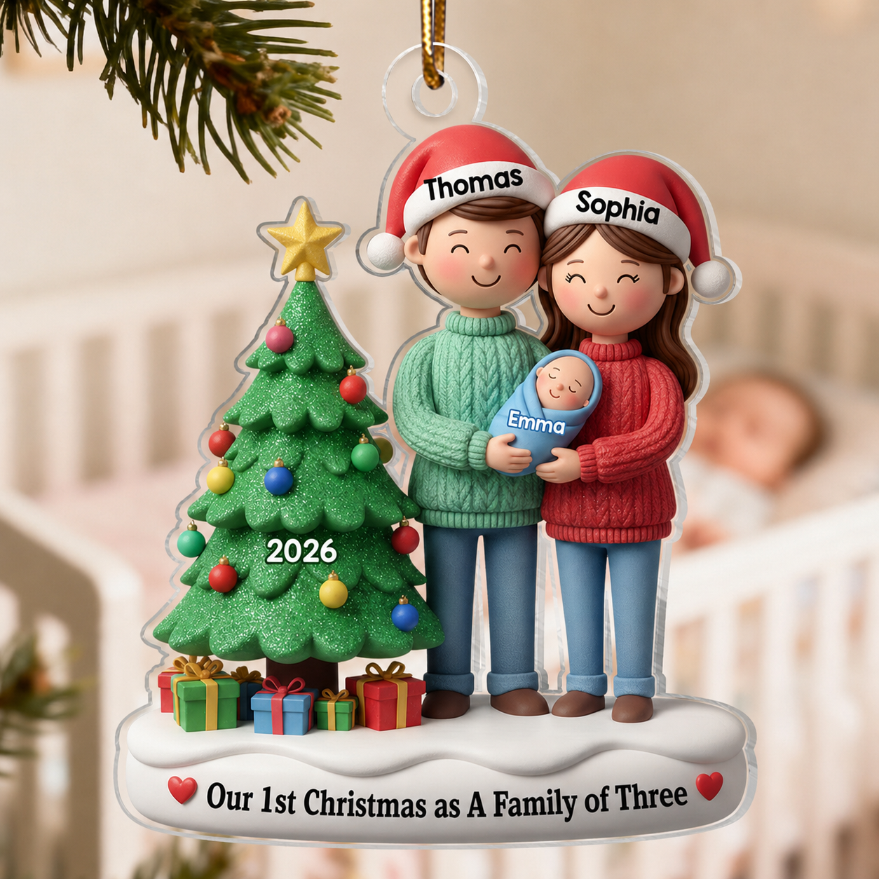 3D Effect First Christmas As Family Of Three Mom Dad & Baby By Tree - Personalized Acrylic Ornament