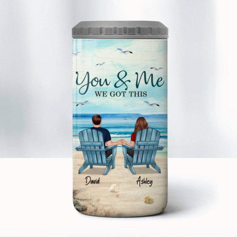 Back View Couple Sitting Beach Landscape Personalized Can Cooler