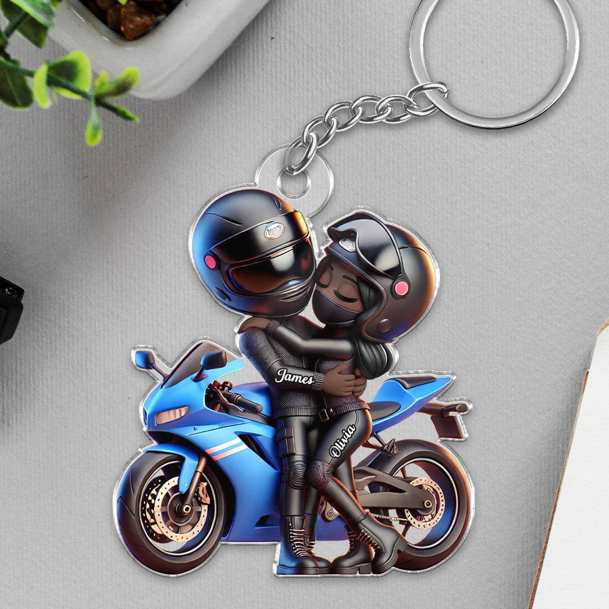 3D Effect Motorcycle Pretty Cartoon Couple Personalized Acrylic Keychain, Anniversary Birthday Gift For Him, For Biker Couple