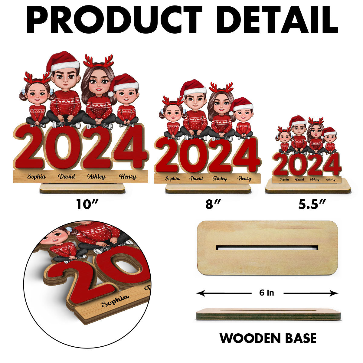 Family Sitting On 2024 Personalized 2-Layer Standing Wooden Plaque, Christmas Tier Tray Decoration