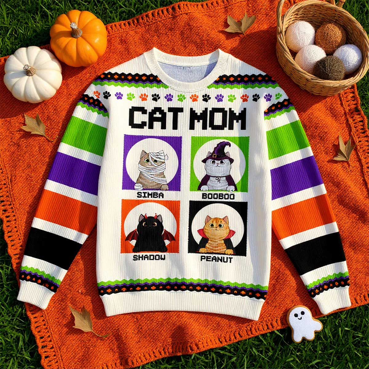 Halloween Cat Mom Personalized Faux Knitting Sweater