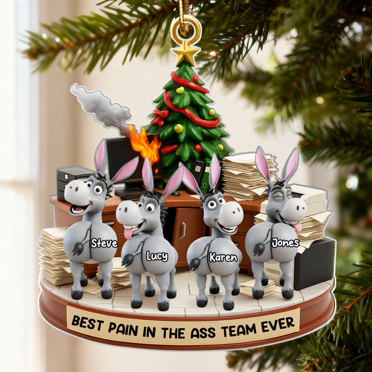 Best Pain in the Ass Team Ever, Donkey Coworker Office Decoration - Personalized Acrylic Ornament - Custom Employee Gift Exchange, White Elephant Gift