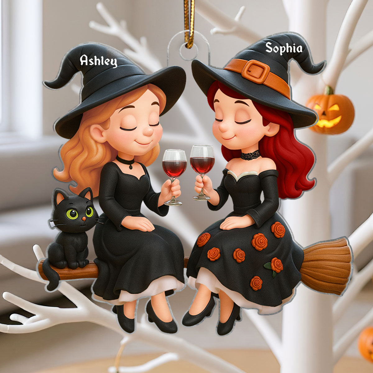 Witch Besties 3D Effect Personalized Acrylic Ornament, Halloween Decoration