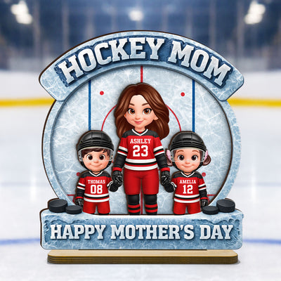 Hockey Mom Front View And Kids - Personalized 2-Layered Wooden Plaque - Mother's Day Gift For Hockey Mom, Gift For Wife