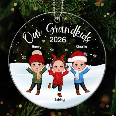 Our Grandkids Happy Doll Kids In Snow Personalized Acrylic Ornament