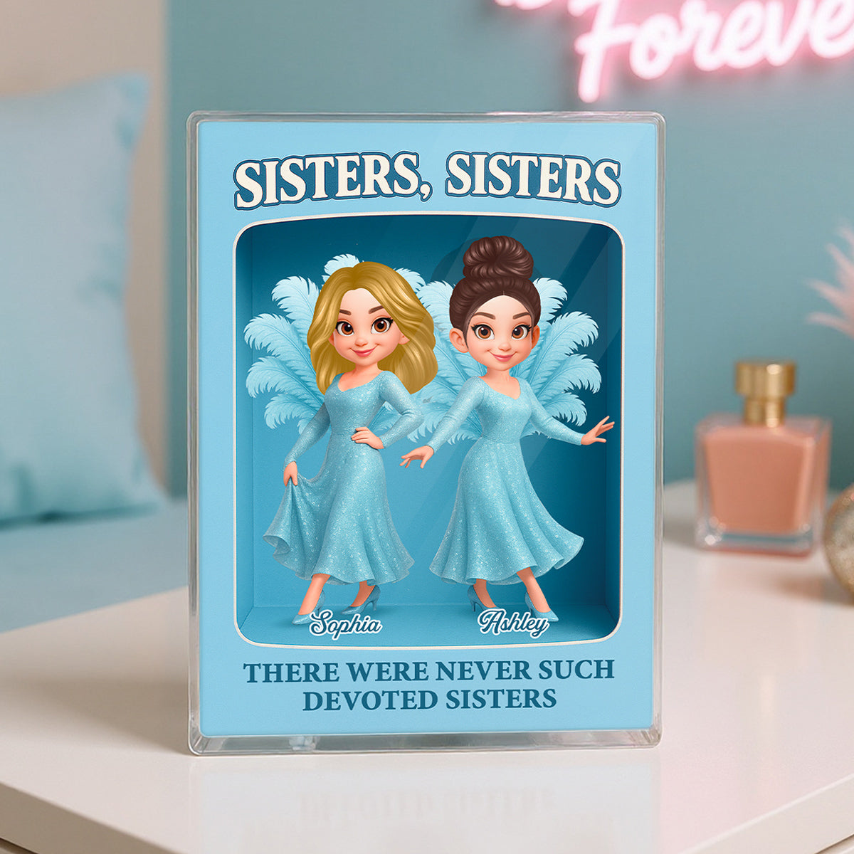 Pretty Cartoon Sisters Besties Blue Dress Toy Box Figure Style Personalized Acrylic Block Plaque