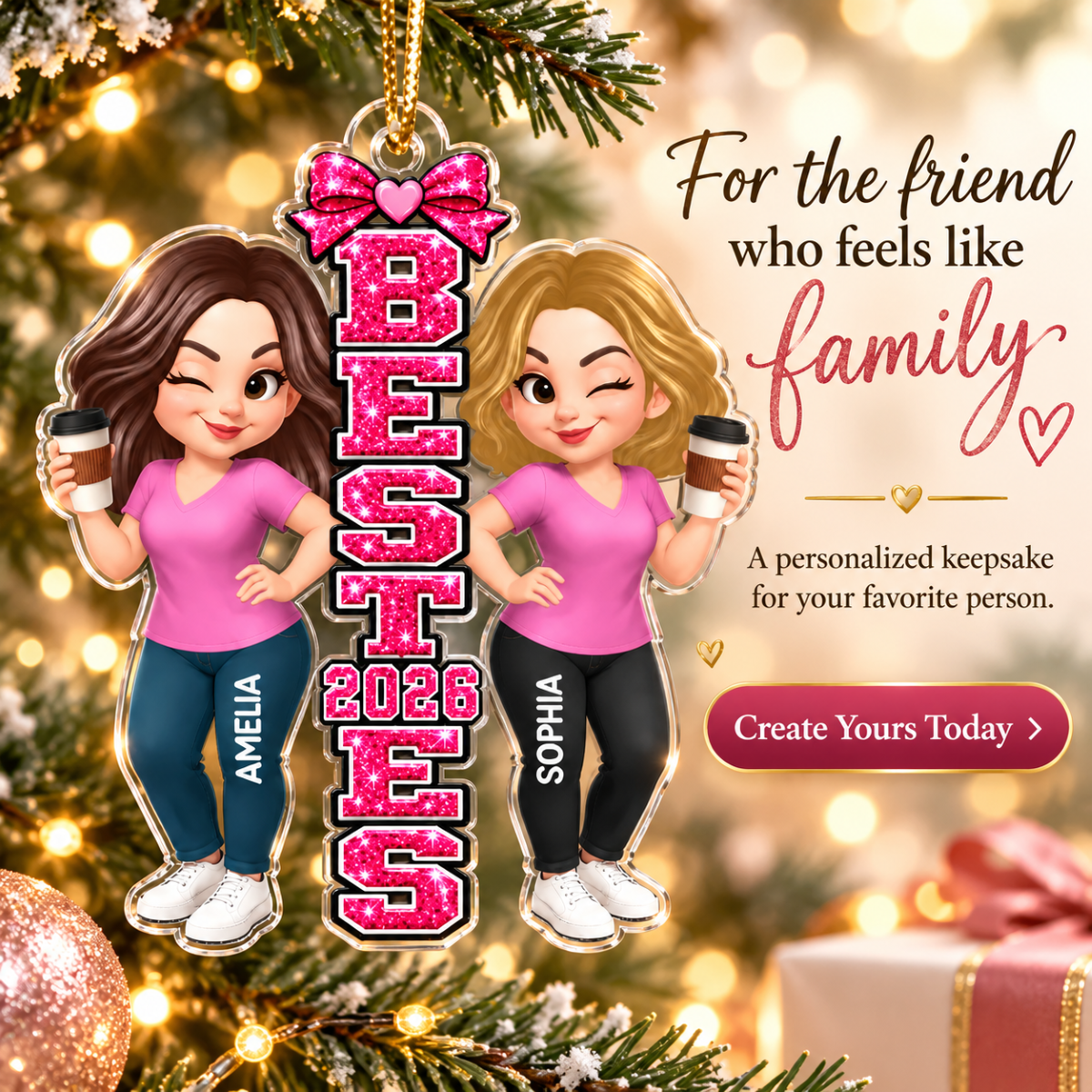 Trending Pink Besties Sisters - Personalized Acrylic Ornament - Christmas Gift For Friends, Family, Girls