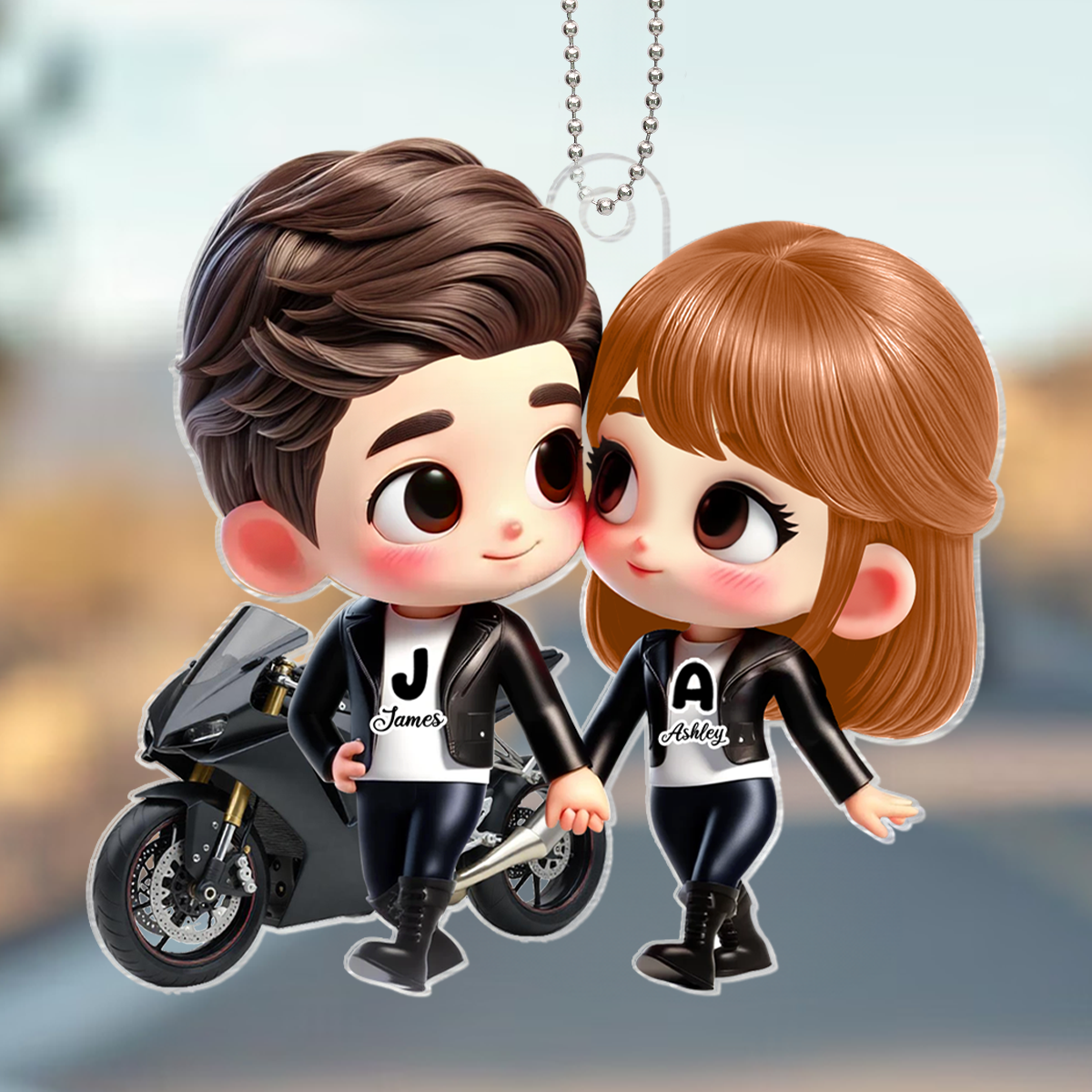 3D Effect Cute Cartoon Motorcycle Couple Personalized Acrylic Car Hanger, Anniversary &  Gift for him, Gift for her