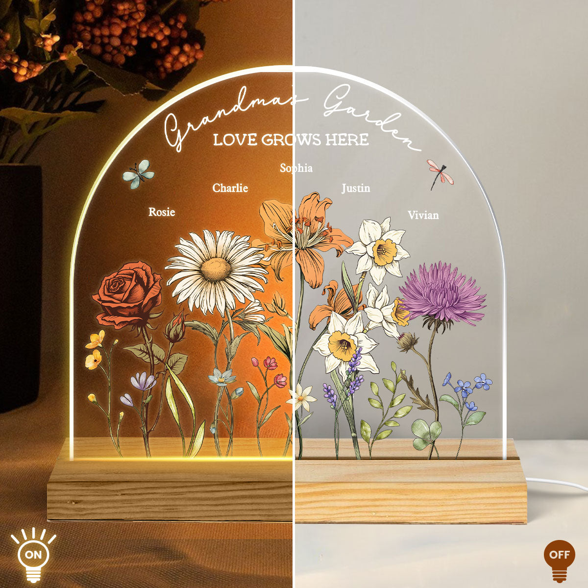 Grandma's Garden Vintage Birth Month Flowers Dome Shaped - Personalized Acrylic LED Night Light - Christmas Gift For Mom, Gift For Grandma